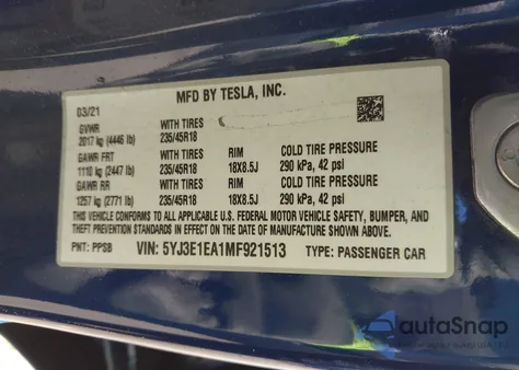 2021 Tesla Model 3 Standard Range Plus Rear-Wheel Drive from USA, damaged, VIN 5YJ3E1EA1MF921513
